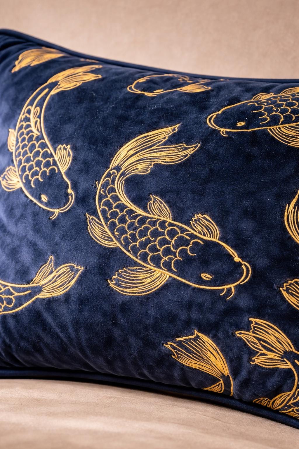 Navy Velvet Pillow Cover with Gold Koi – Luxury Cushion for Sofa or Bed