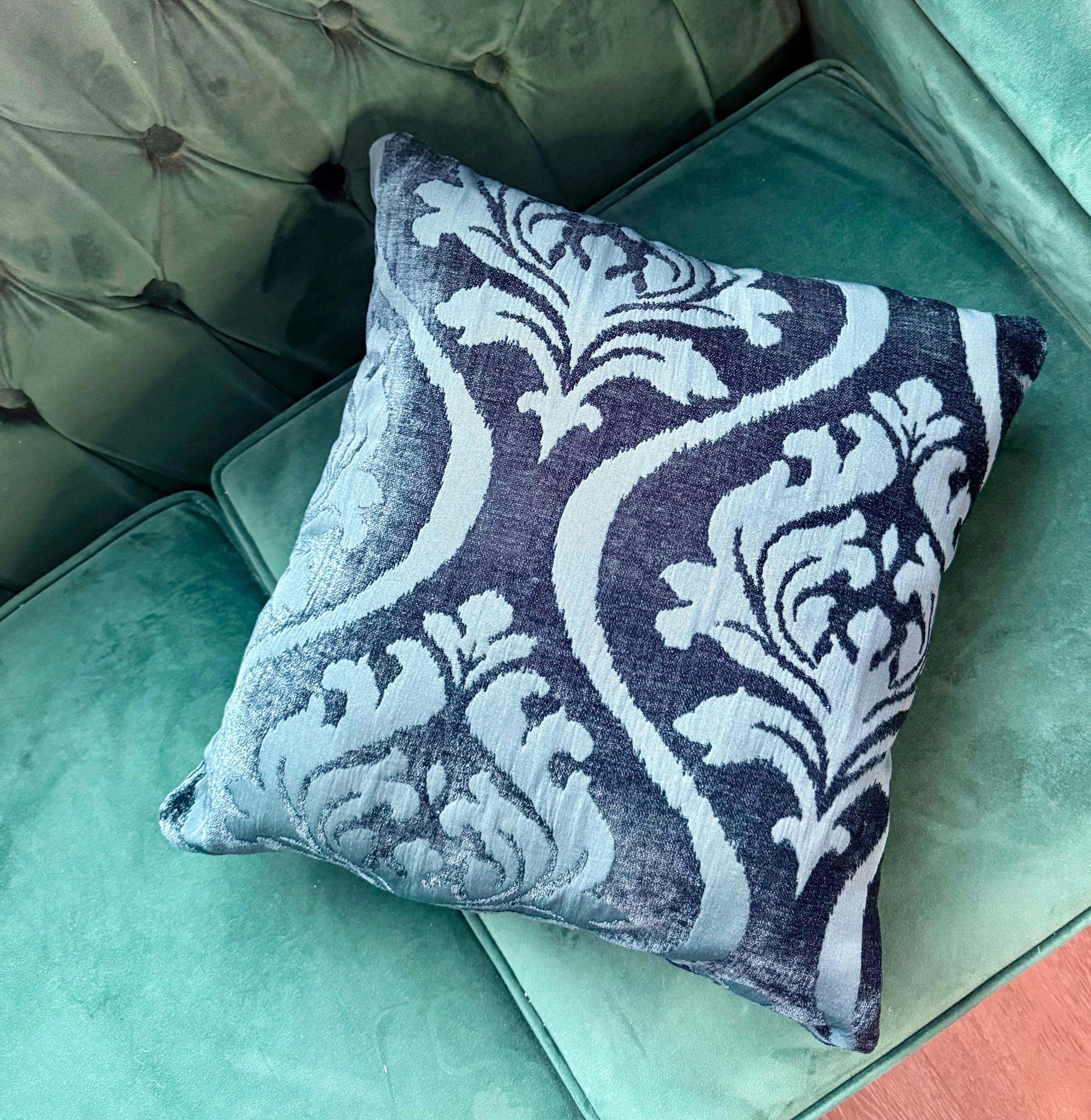 Teal Velvet Jacquard Throw Pillow: Soft Stain-Resistant Cushion