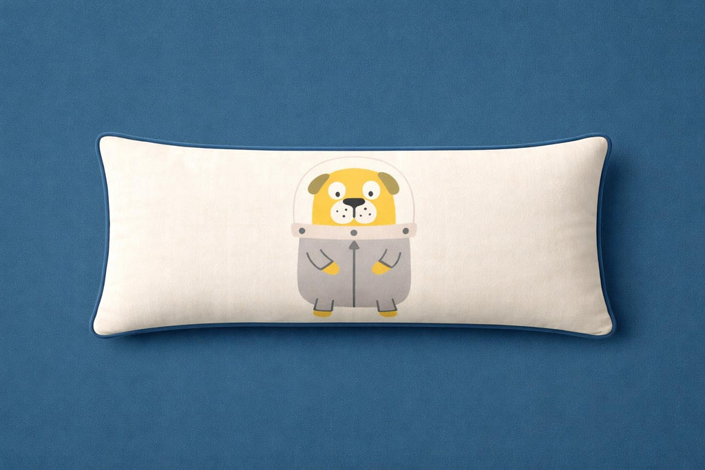 Astronaut Puppy Throw Pillow – Kids Nursery Decor, Blue Piping