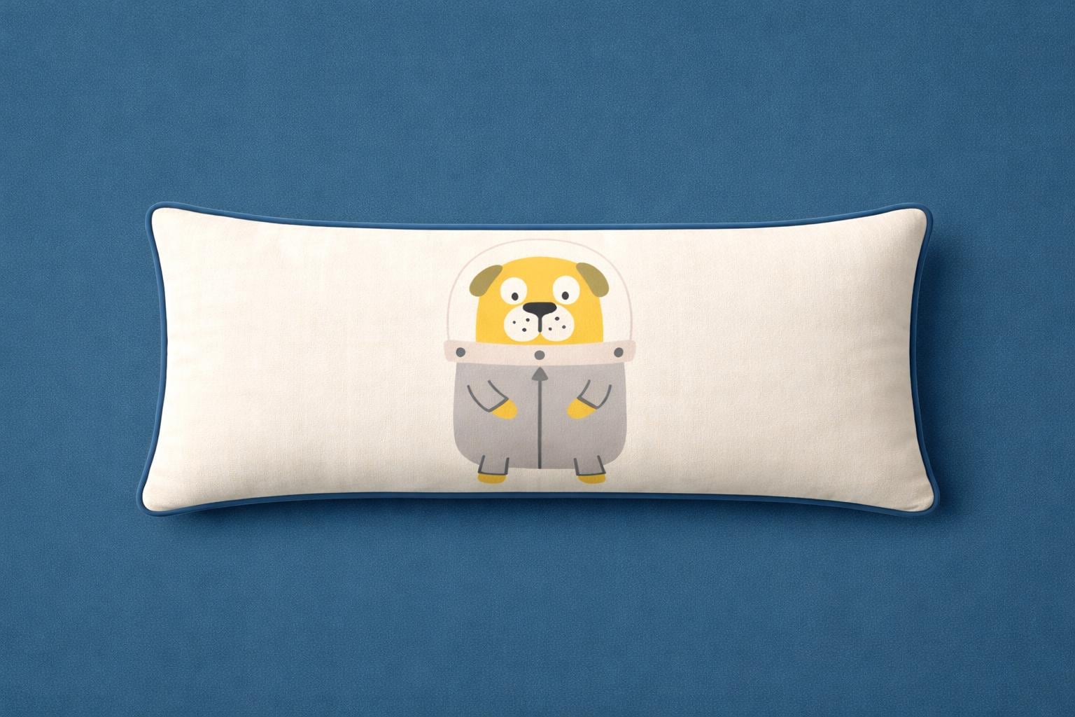 Astronaut Puppy Throw Pillow – Kids Nursery Decor, Blue Piping