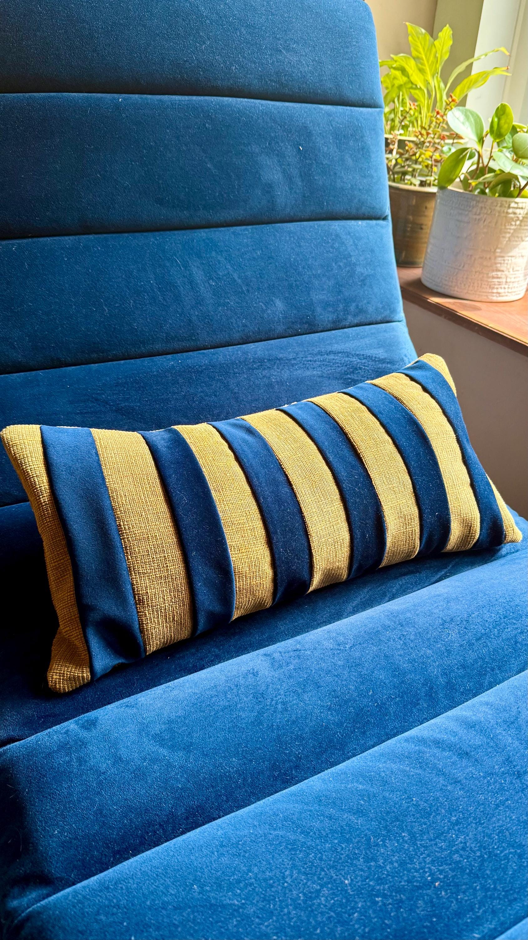 Blue and Gold Striped Velvet Lumbar Pillow, Modern Cushion