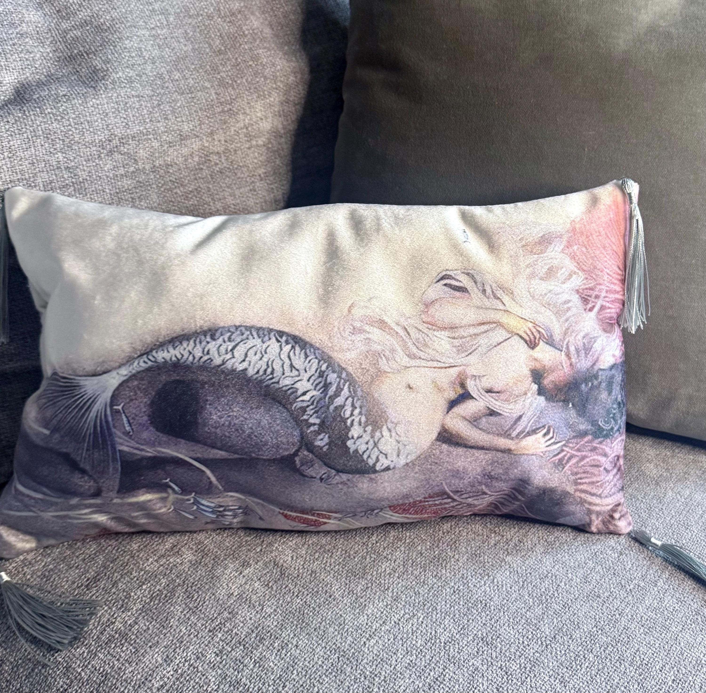 Handmade Mermaid Velvet Lumbar Pillow – Tassel Accent, Mythical Decor