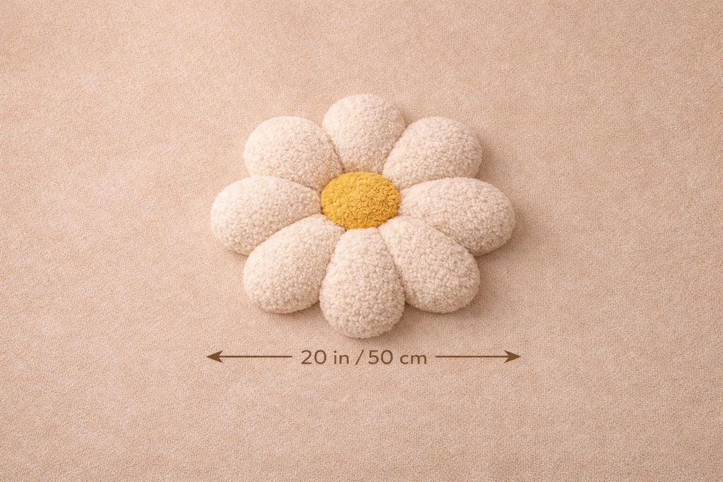 Bouclé Daisy Pillow – Handmade Plush Nursery Cushion, 20 in