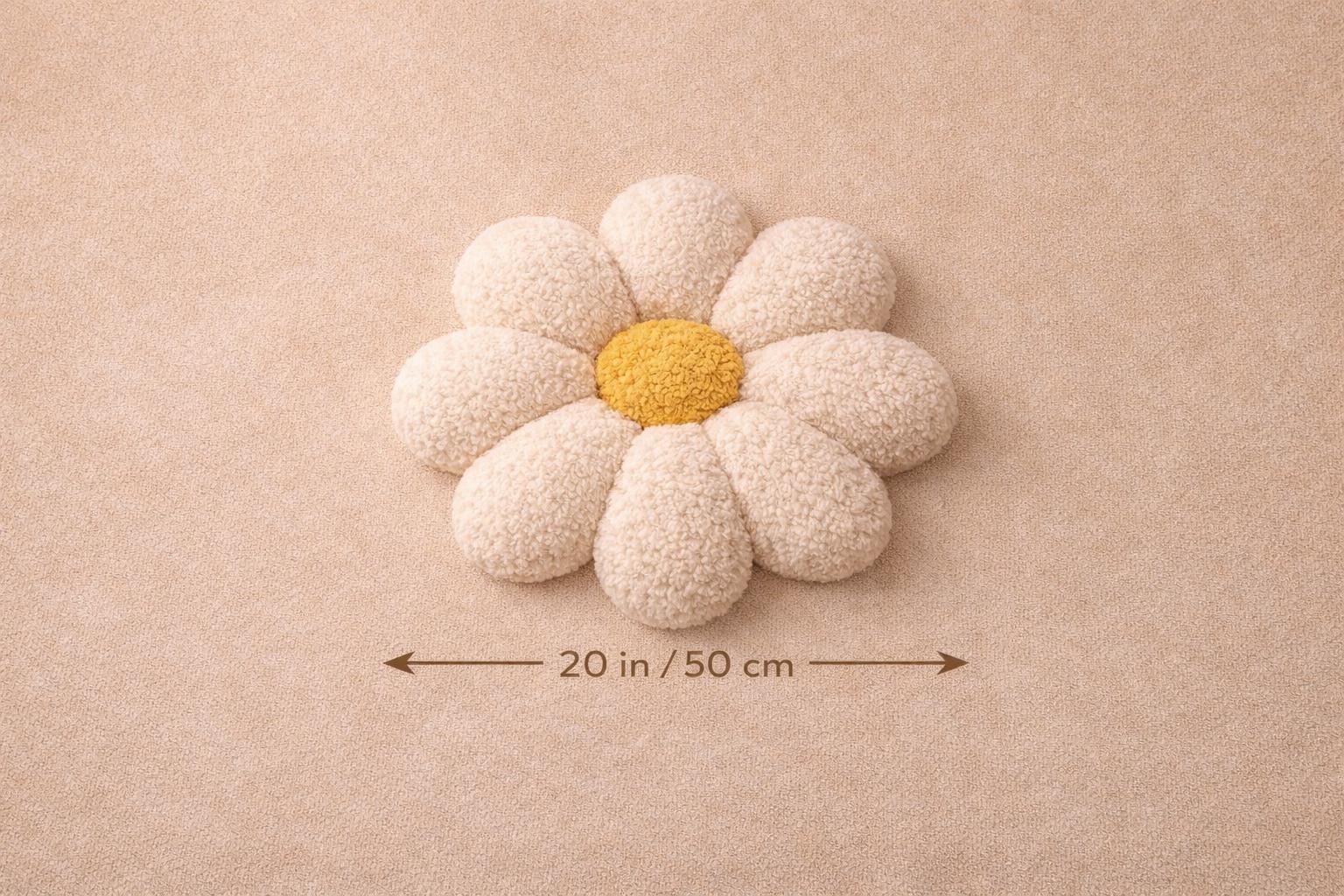Bouclé Daisy Pillow – Handmade Plush Nursery Cushion, 20 in