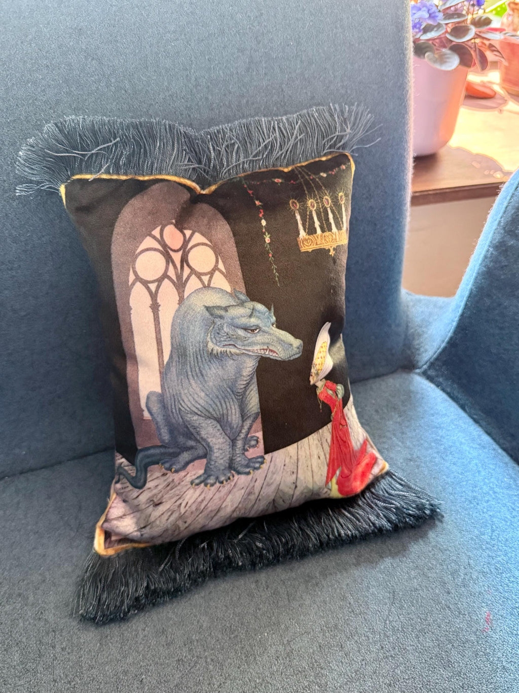 Beauty and the Beast Velvet Pillow Cover – Vintage Storybook Cushion with Fringe