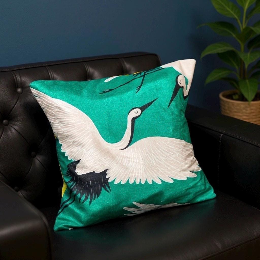 Crane on Green Pillow: Soft Stain-Resistant Throw Cushion 18" by 18"