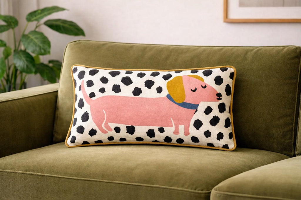 Dachshund Pillow • Plush Sausage Dog Cushion, Dalmatian Print
