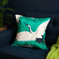 Crane on Green Pillow: Soft Stain-Resistant Throw Cushion 18" by 18"