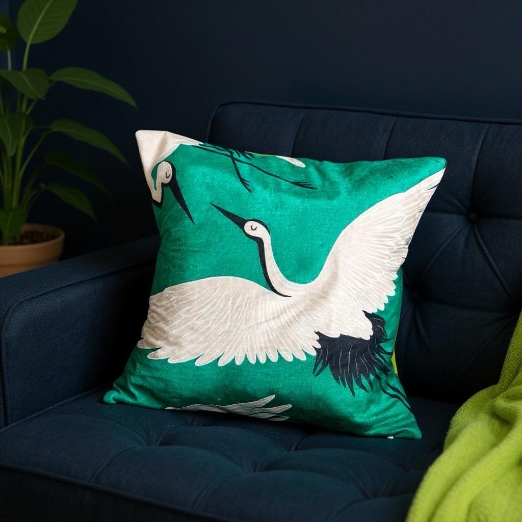 Crane on Green Pillow: Soft Stain-Resistant Throw Cushion 18" by 18"