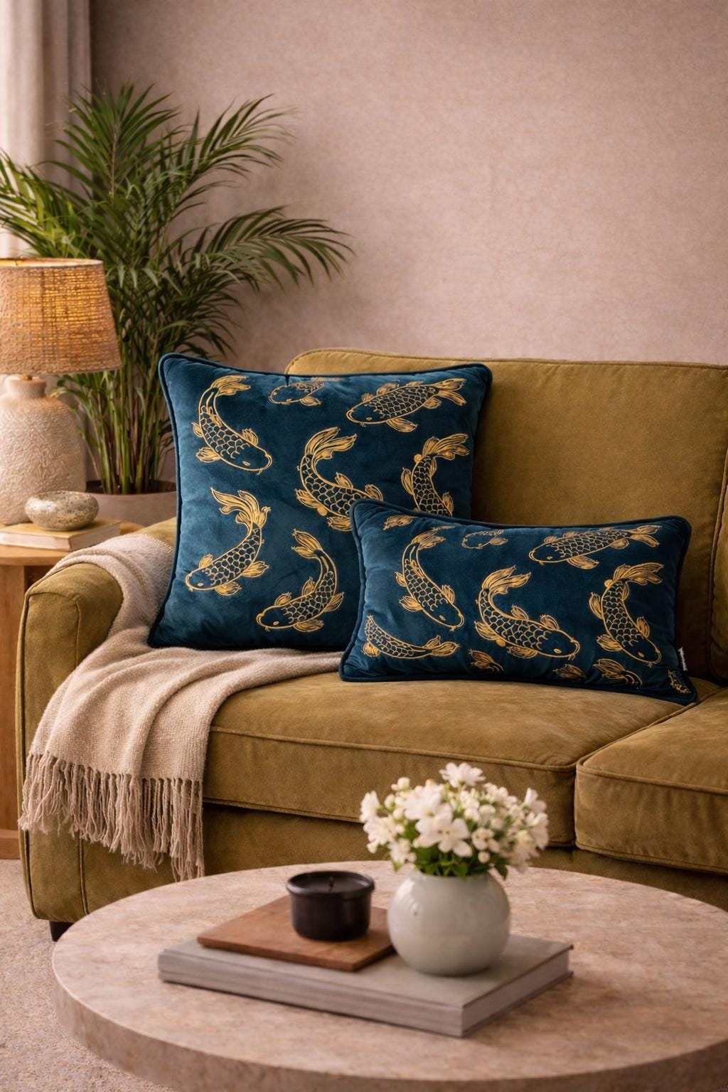 Petrol Blue Velvet Pillow Cover – Gold Koi Japanese Decor