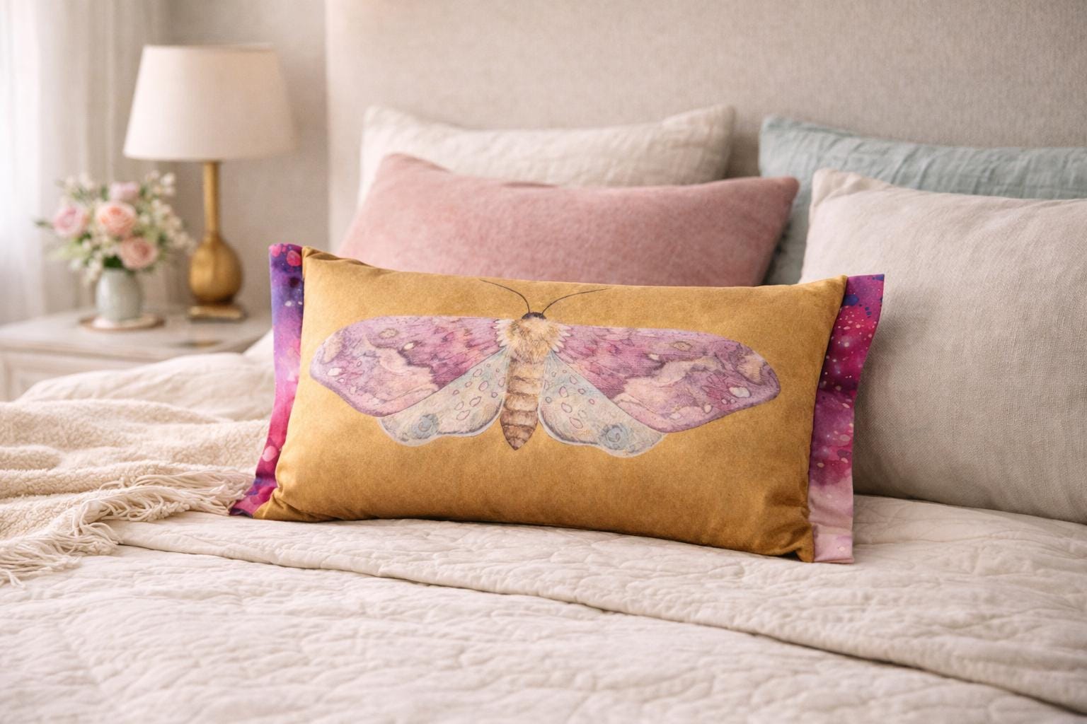 Aurora Moth Pillow Cover: Gold Velvet, Boho Home Decor