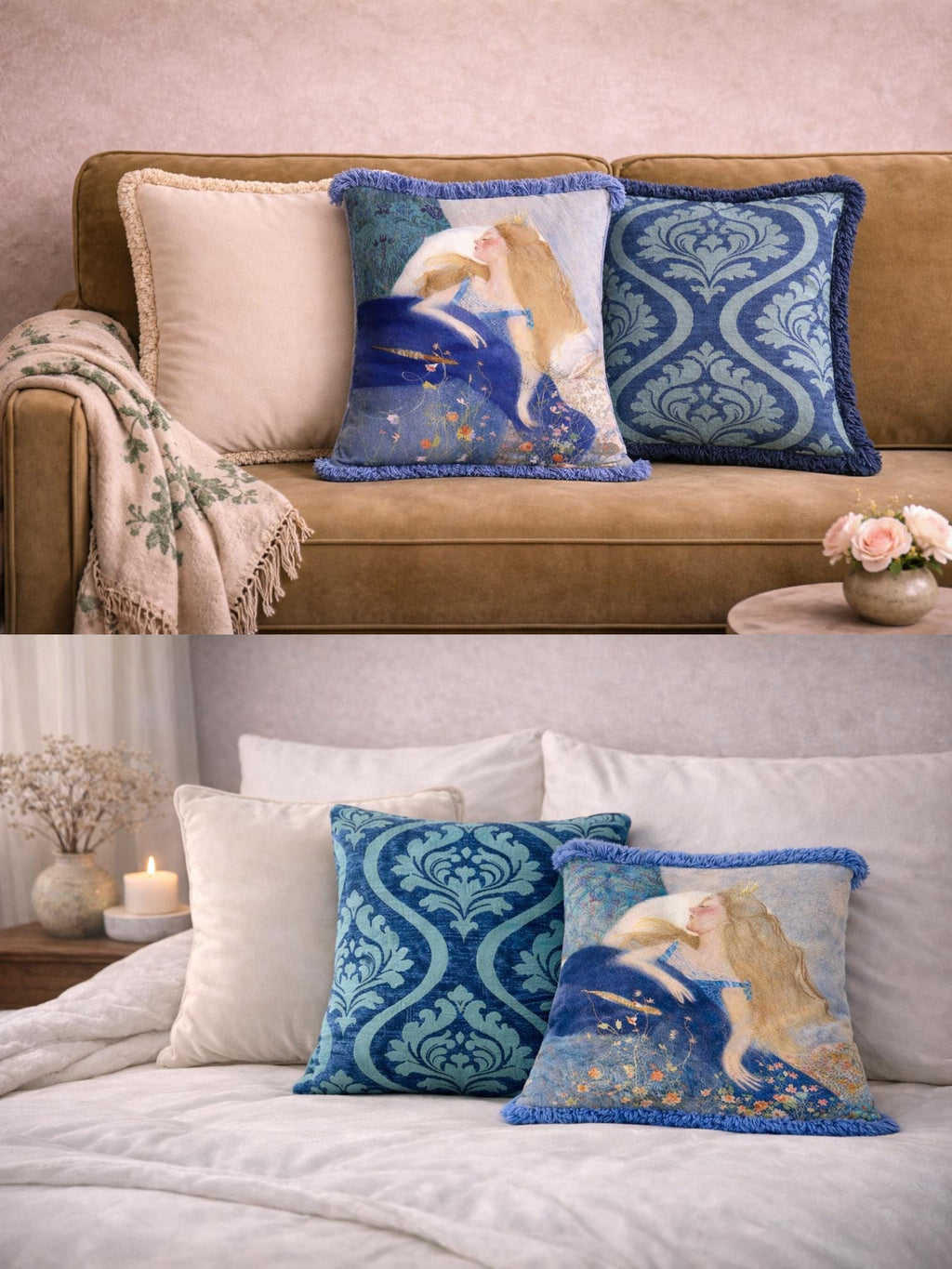 Sleeping Beauty Pillow Set – Velvet, Damask & Fringe, Fairytale Decor