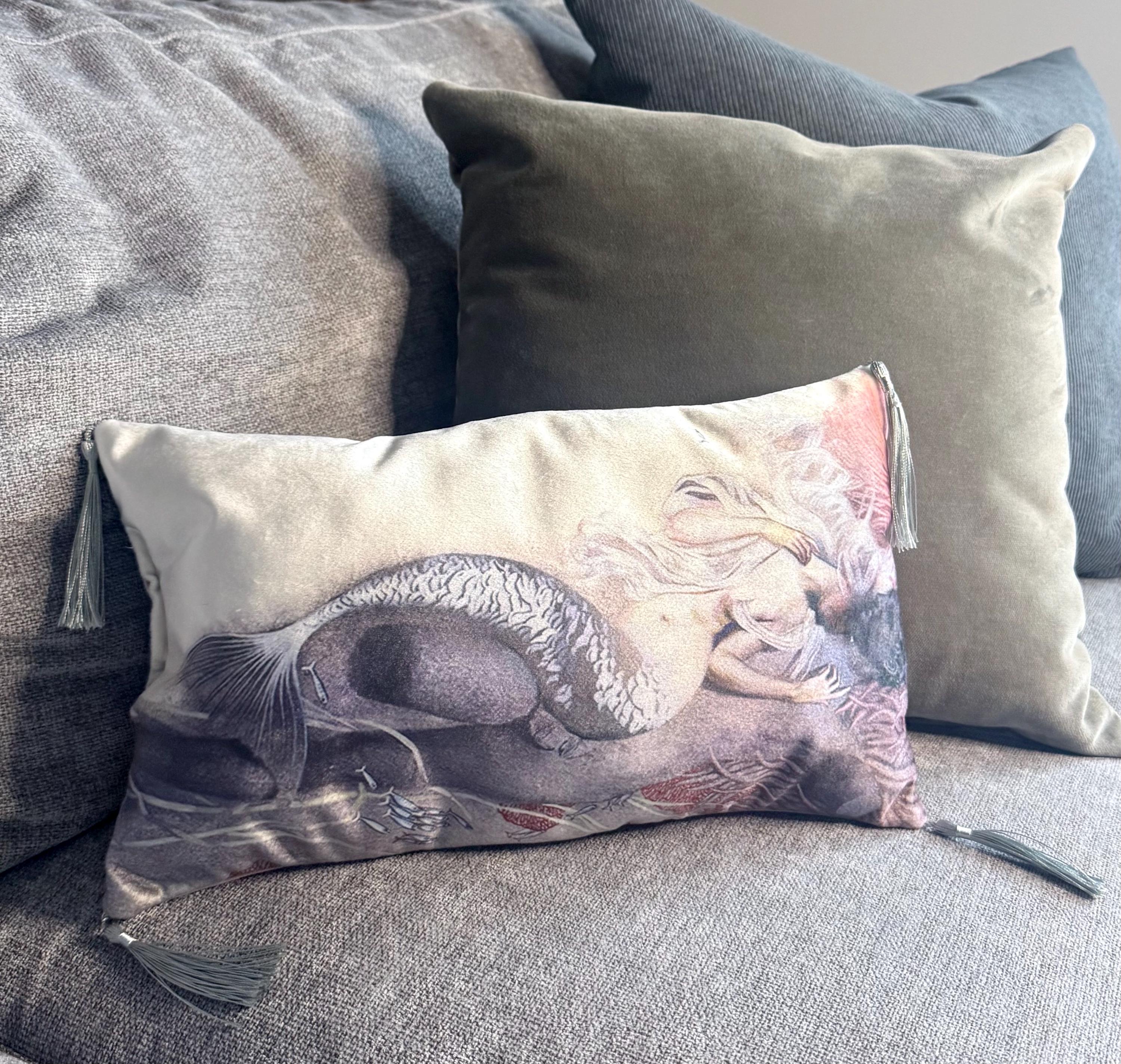 Handmade Mermaid Velvet Lumbar Pillow – Tassel Accent, Mythical Decor