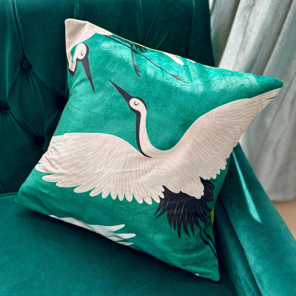 Crane on Green Pillow: Soft Stain-Resistant Throw Cushion 18" by 18"
