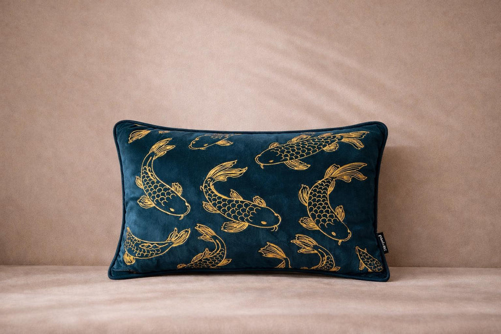 Petrol Blue Velvet Pillow Cover – Gold Koi Japanese Decor
