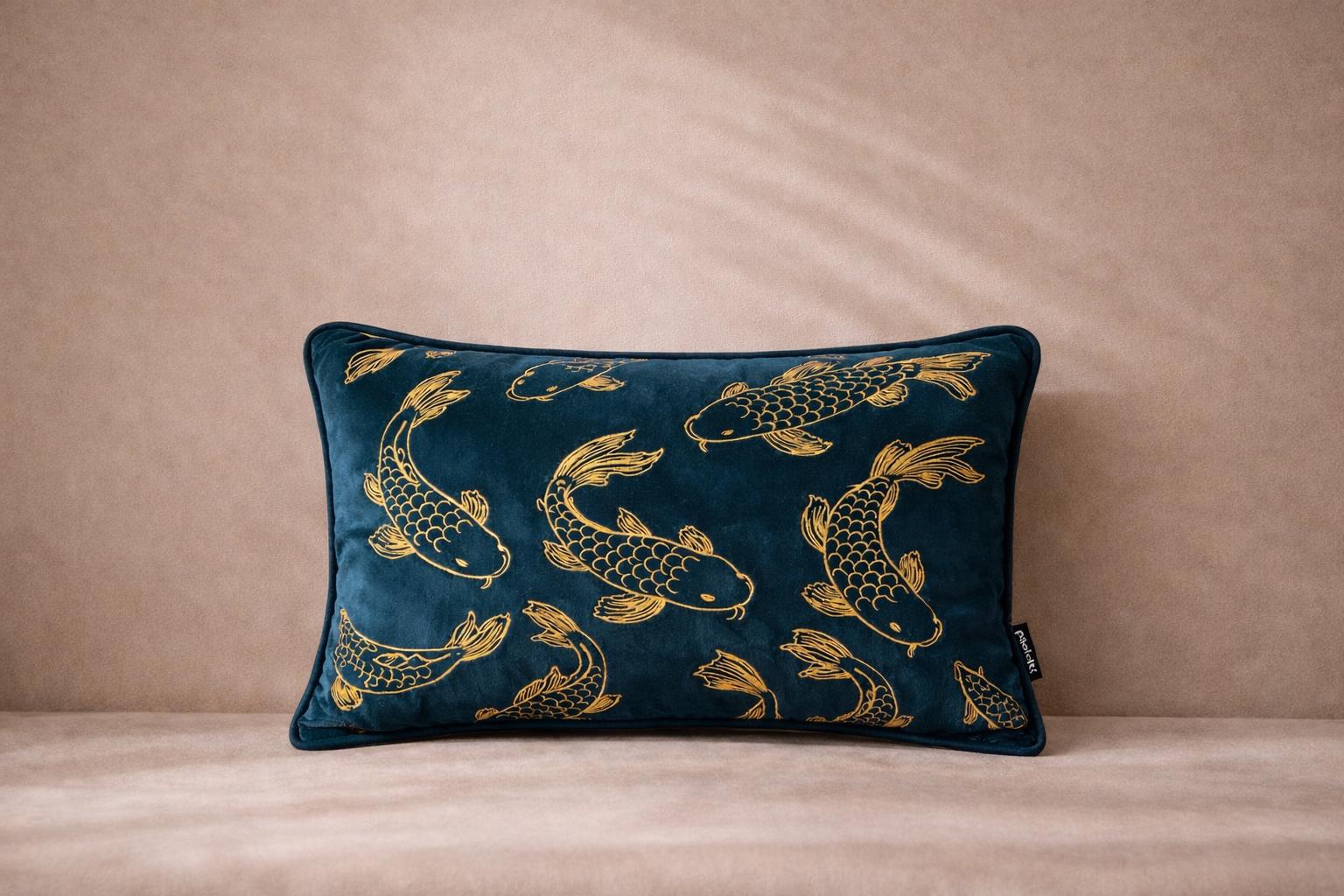 Petrol Blue Velvet Pillow Cover – Gold Koi Japanese Decor