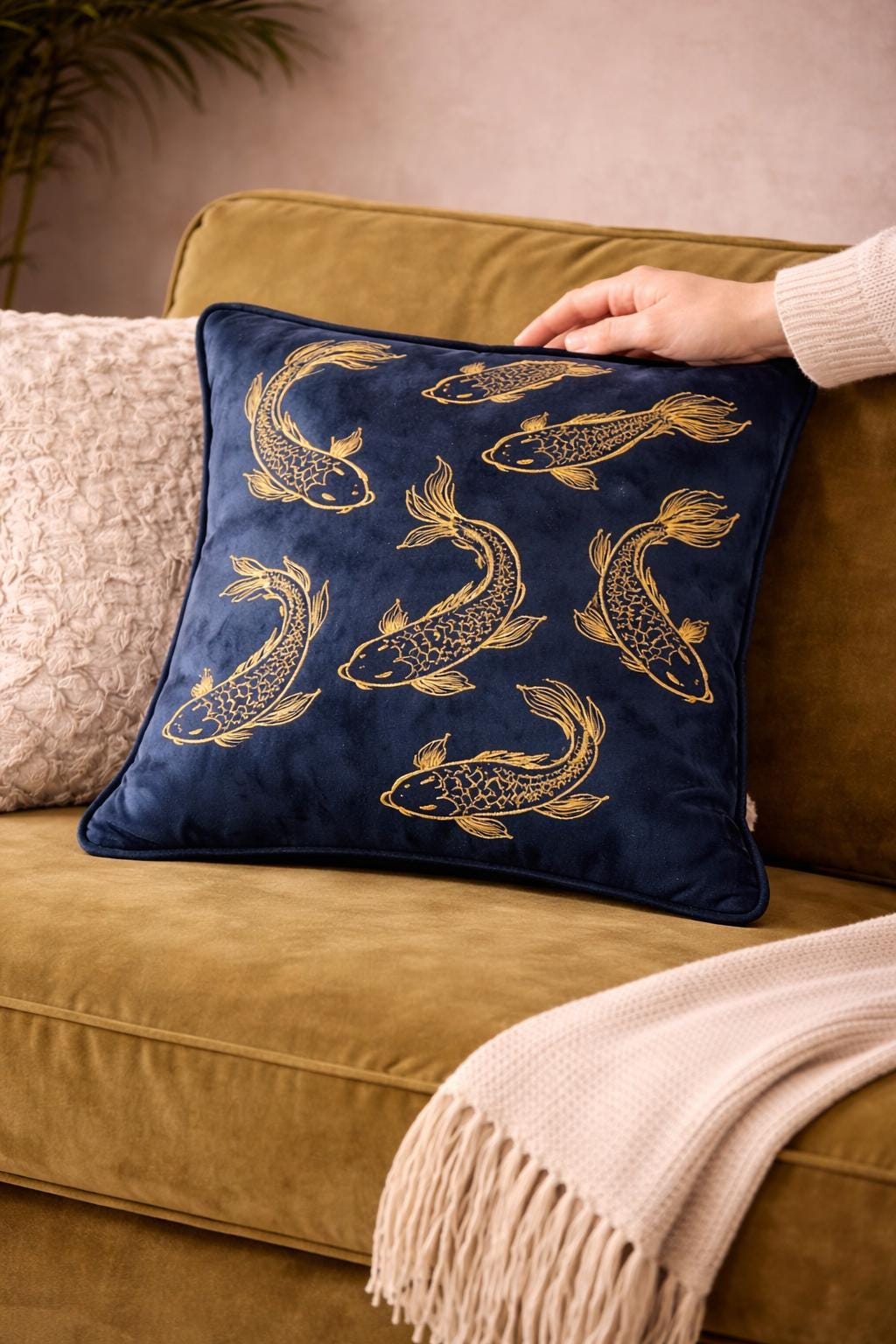 Navy Velvet Pillow Cover with Gold Koi – Luxury Cushion for Sofa or Bed