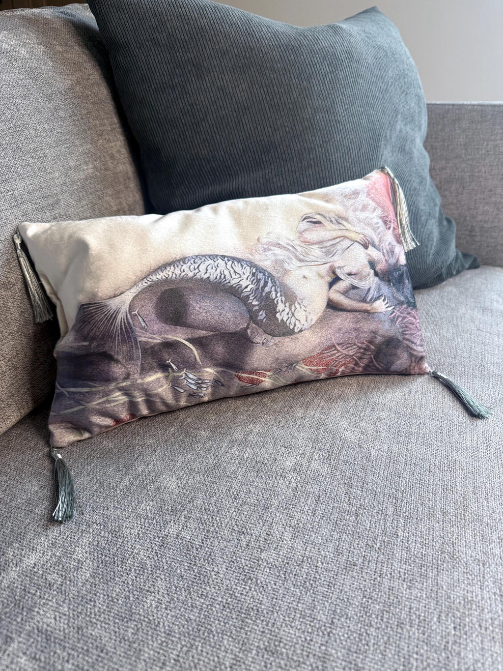 Handmade Mermaid Velvet Lumbar Pillow – Tassel Accent, Mythical Decor