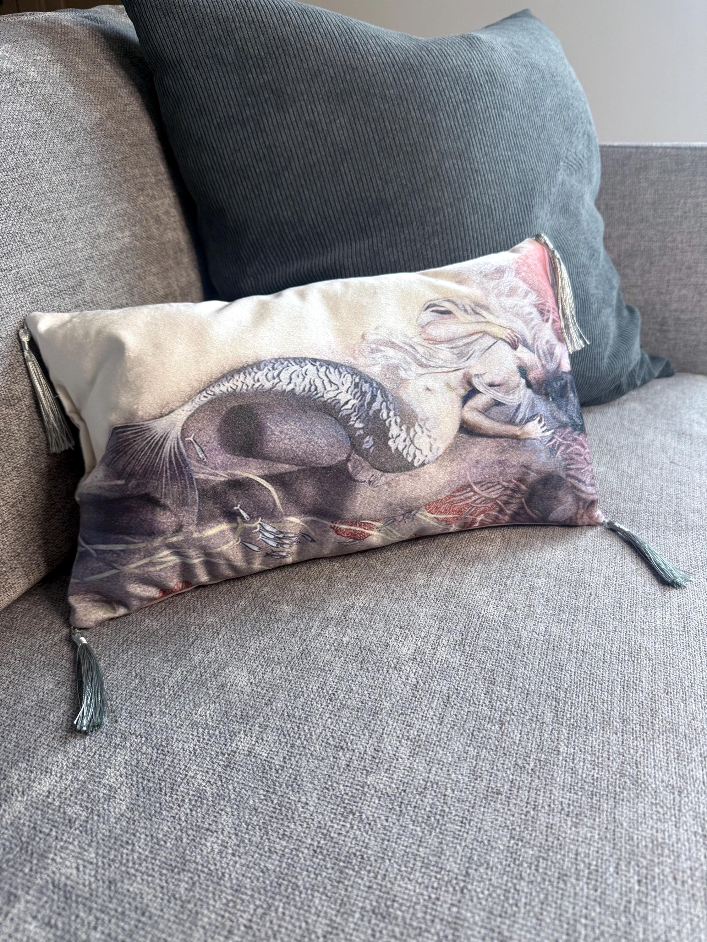 Handmade Mermaid Velvet Lumbar Pillow – Tassel Accent, Mythical Decor