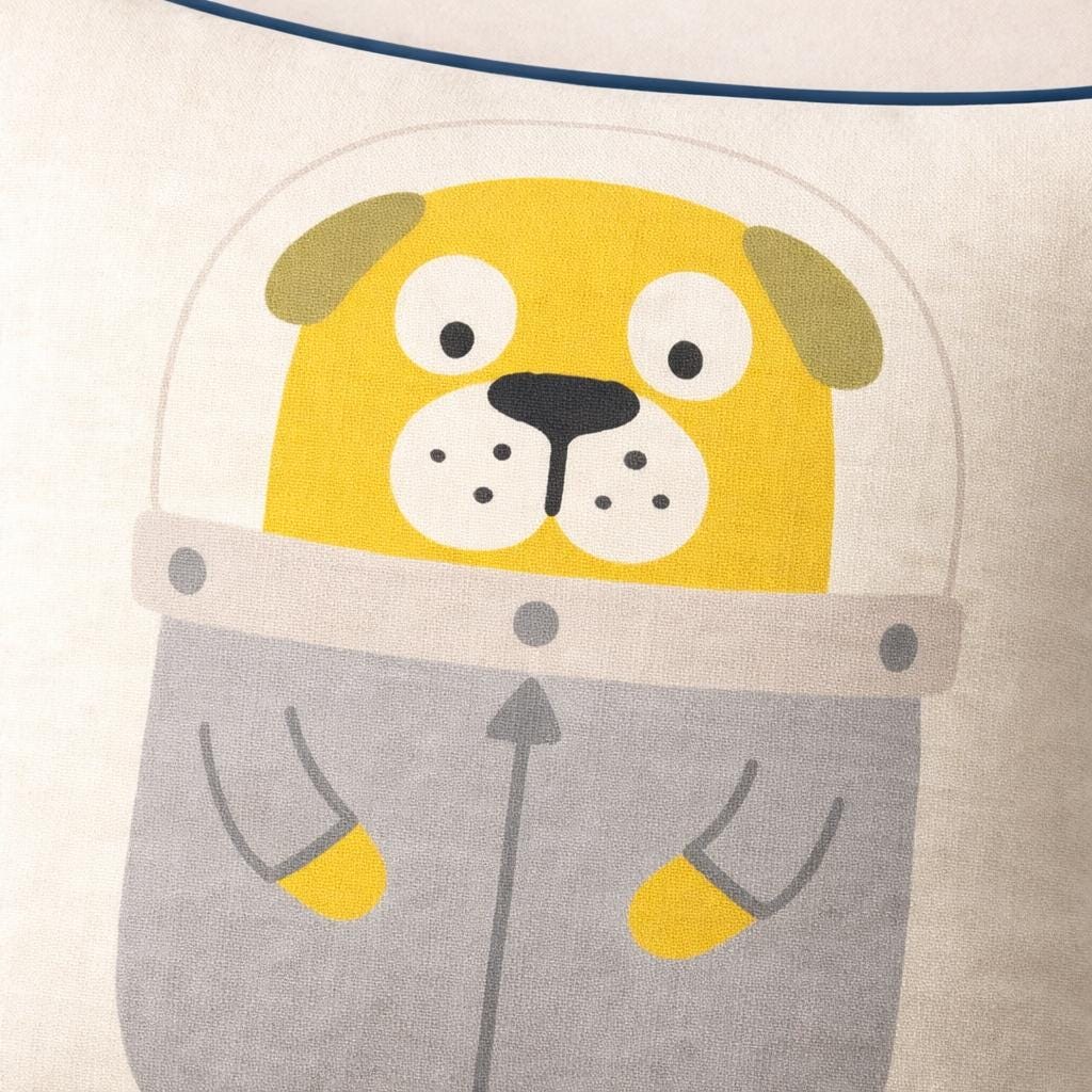 Astronaut Puppy Throw Pillow – Kids Nursery Decor, Blue Piping