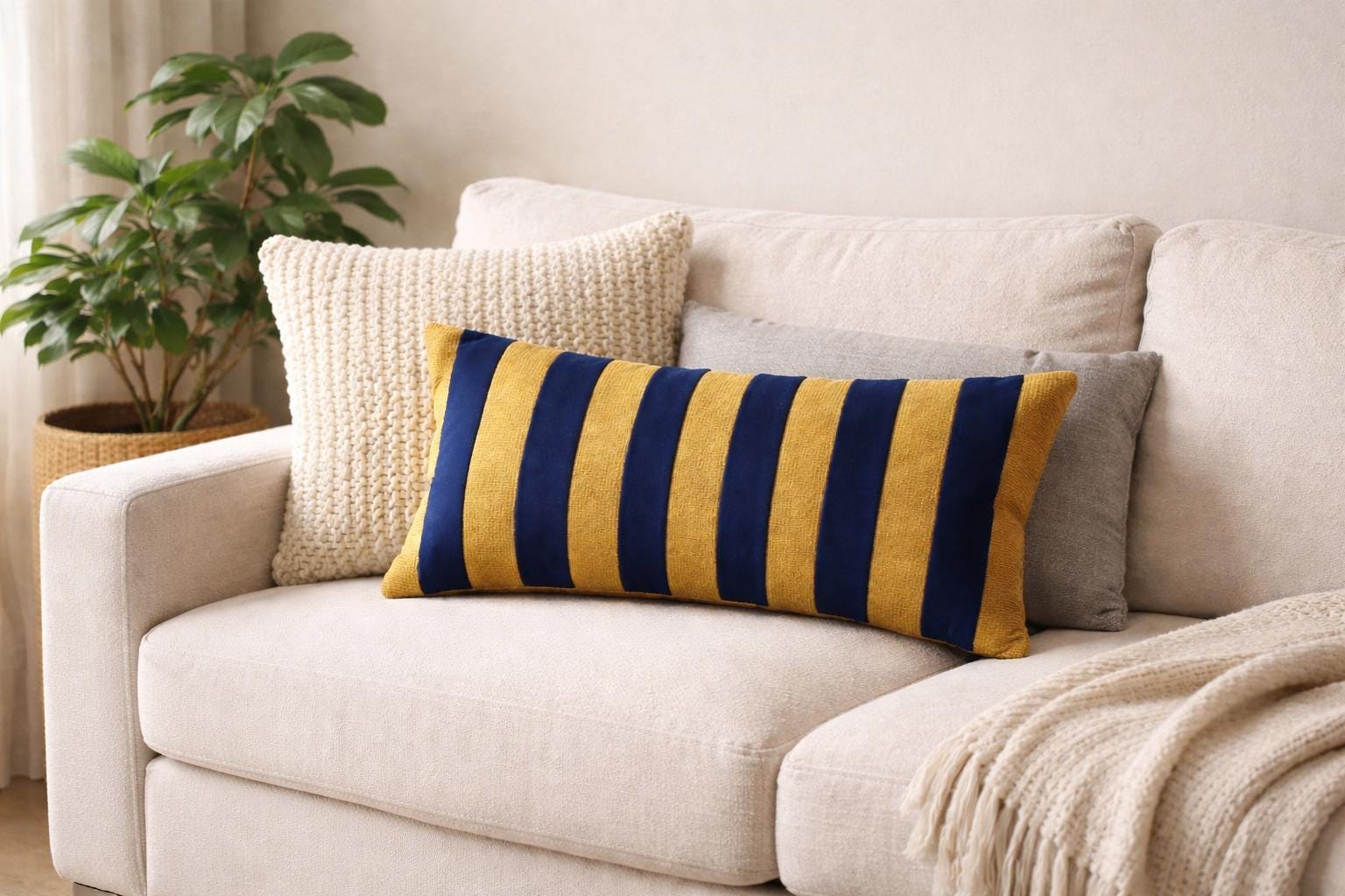 Blue and Gold Striped Velvet Lumbar Pillow, Modern Cushion