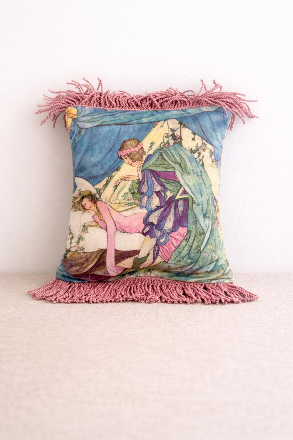 Sleeping Beauty Art Pillow Cover – Fairytale Illustration, Violet Accent & Fringe