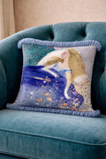 Sleeping Beauty Pillow – Blue Velvet Art Cushion – Fairytale Decor – Fringe Throw Pillow – 16x14 in