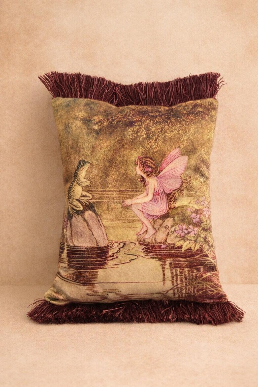 Fairy Tale Velvet Pillow Cover – Princess & Frog Throw Cushion | Storybook Decorative Pillow | Boho Eclectic Home Decor 14x16”