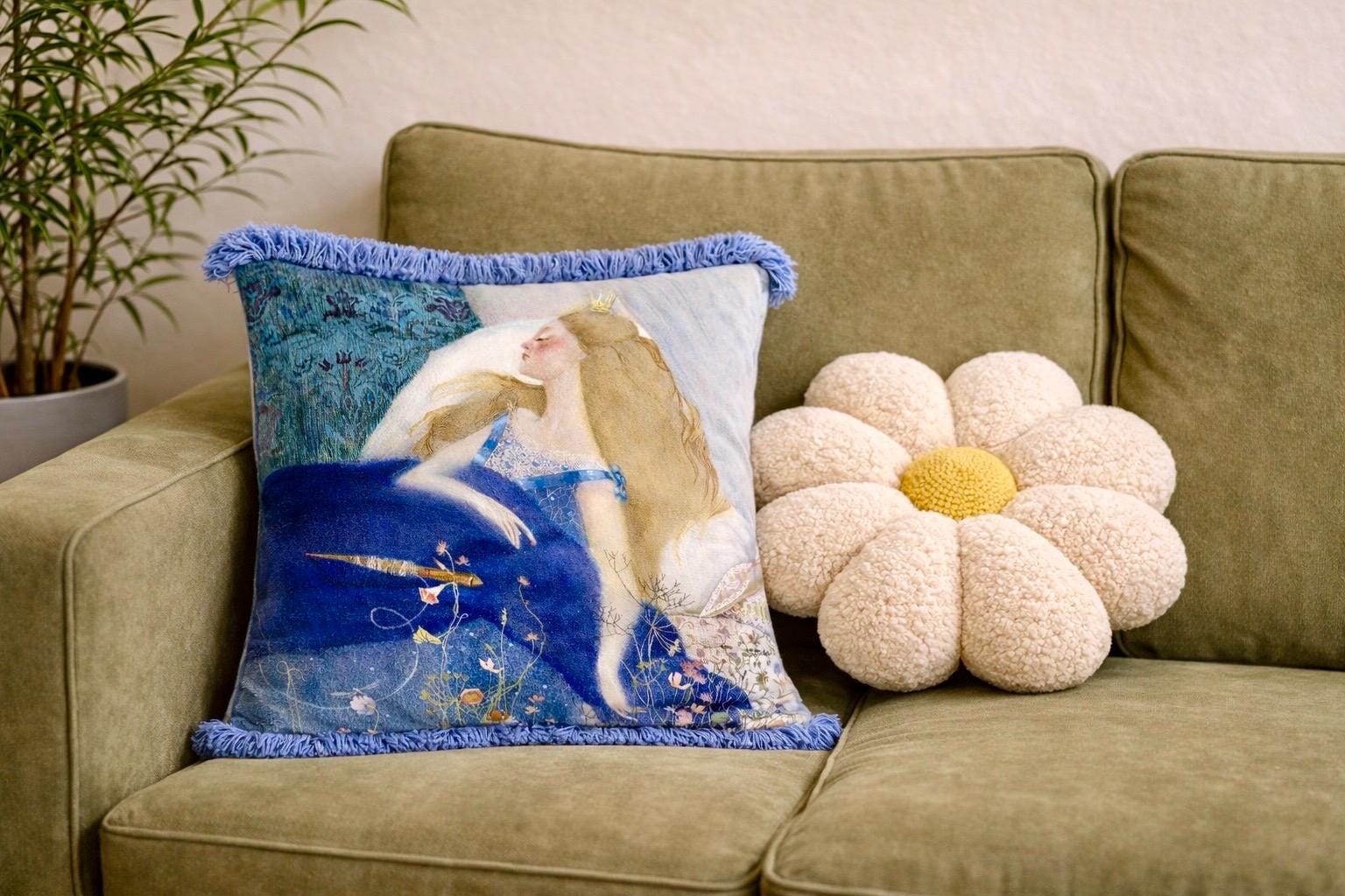 Sleeping Beauty Pillow – Blue Velvet Art Cushion – Fairytale Decor – Fringe Throw Pillow – 16x14 in