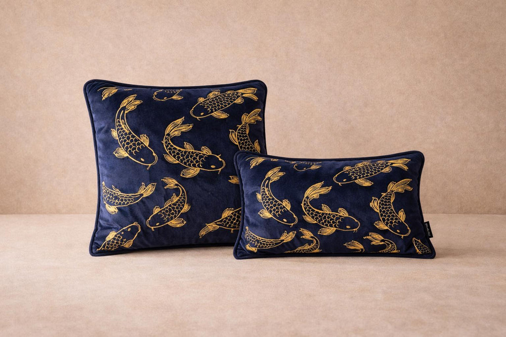 Navy Velvet Pillow Cover with Gold Koi – Luxury Cushion for Sofa or Bed