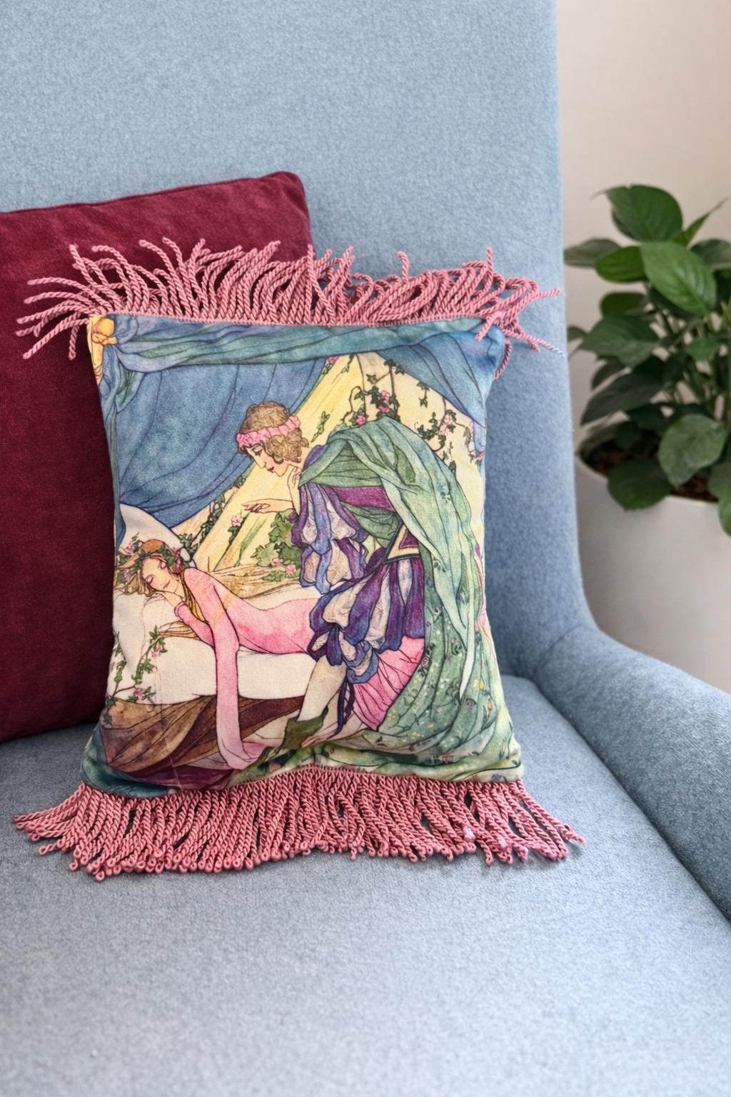 Sleeping Beauty Art Pillow Cover – Fairytale Illustration, Violet Accent & Fringe