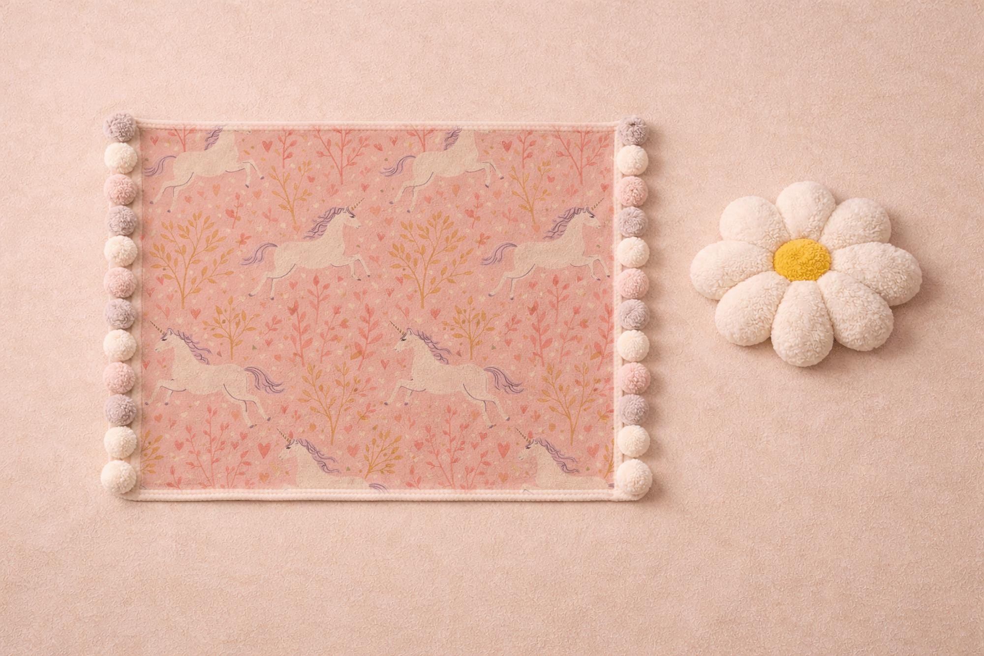 Unicorn Baby Blanket and Daisy Pillow Set, Plush Nursery Decor