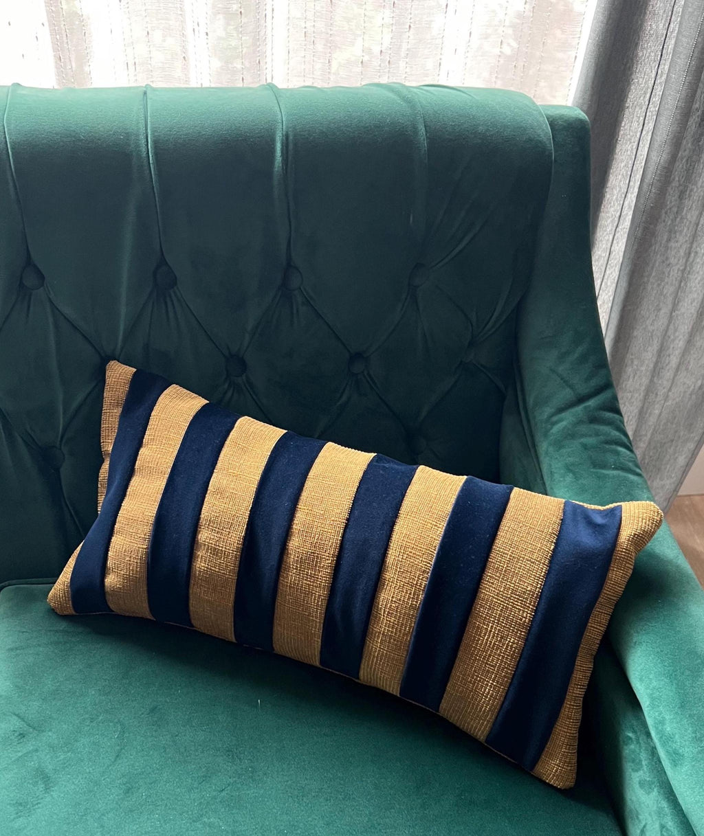 Blue and Gold Striped Velvet Lumbar Pillow, Modern Cushion