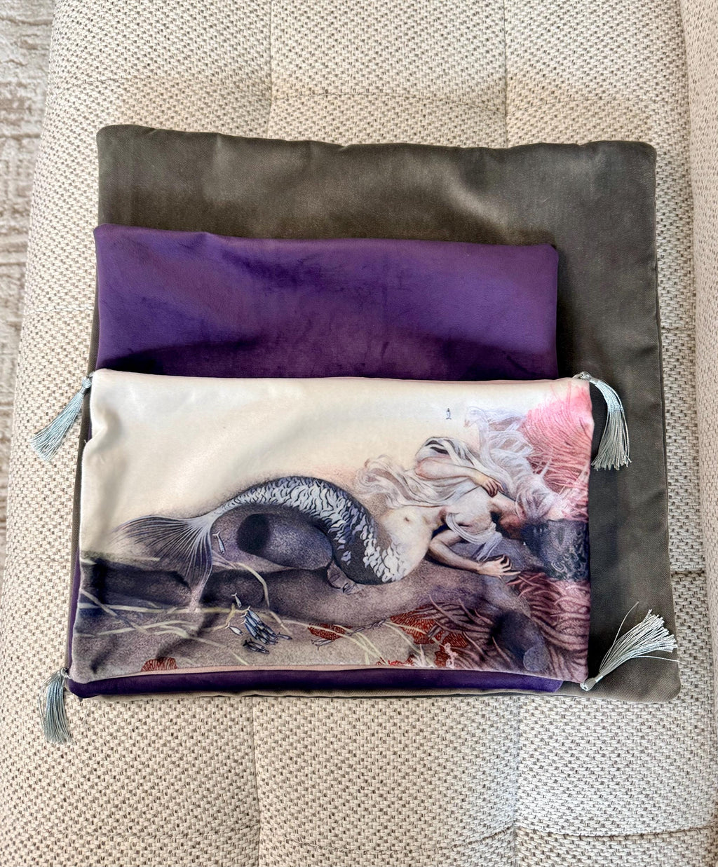 Mermaid Velvet Pillow Set | 3 Decorative Cushions | Fantasy Accent Pillows for Sofa or Bed