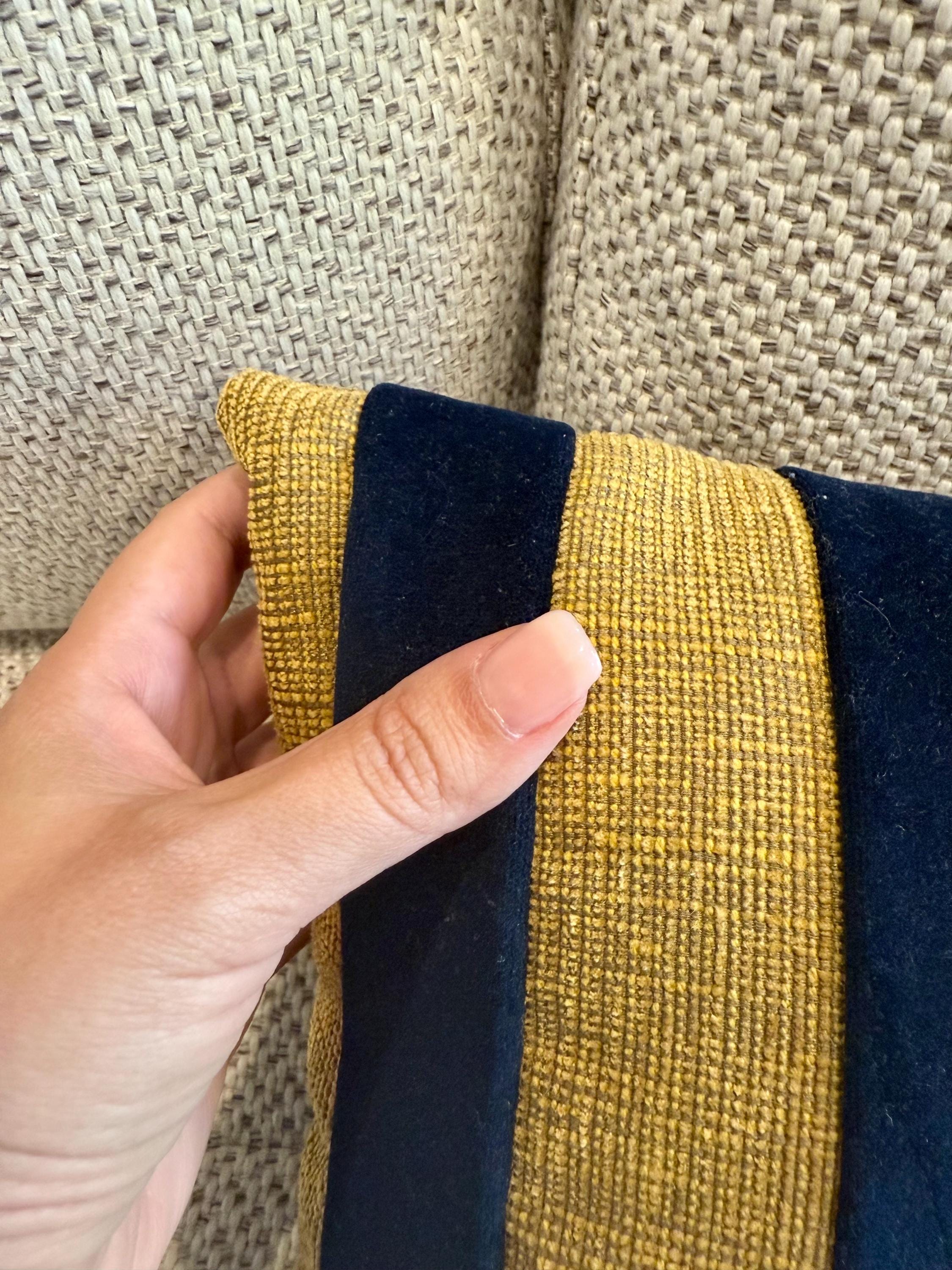 Blue and Gold Striped Velvet Lumbar Pillow, Modern Cushion