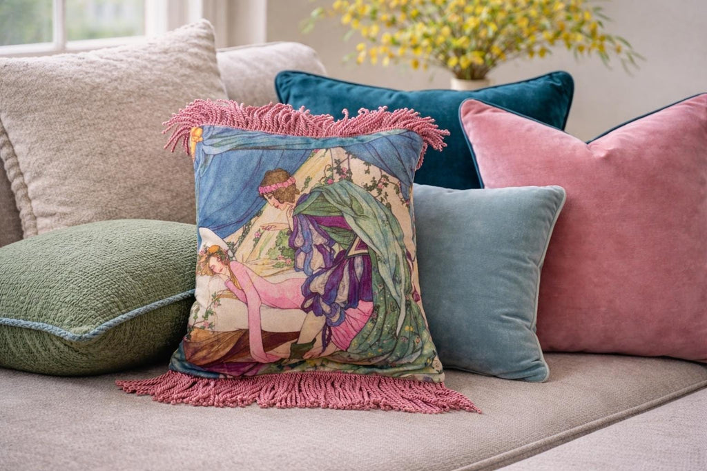 Sleeping Beauty Art Pillow Cover – Fairytale Illustration, Violet Accent & Fringe