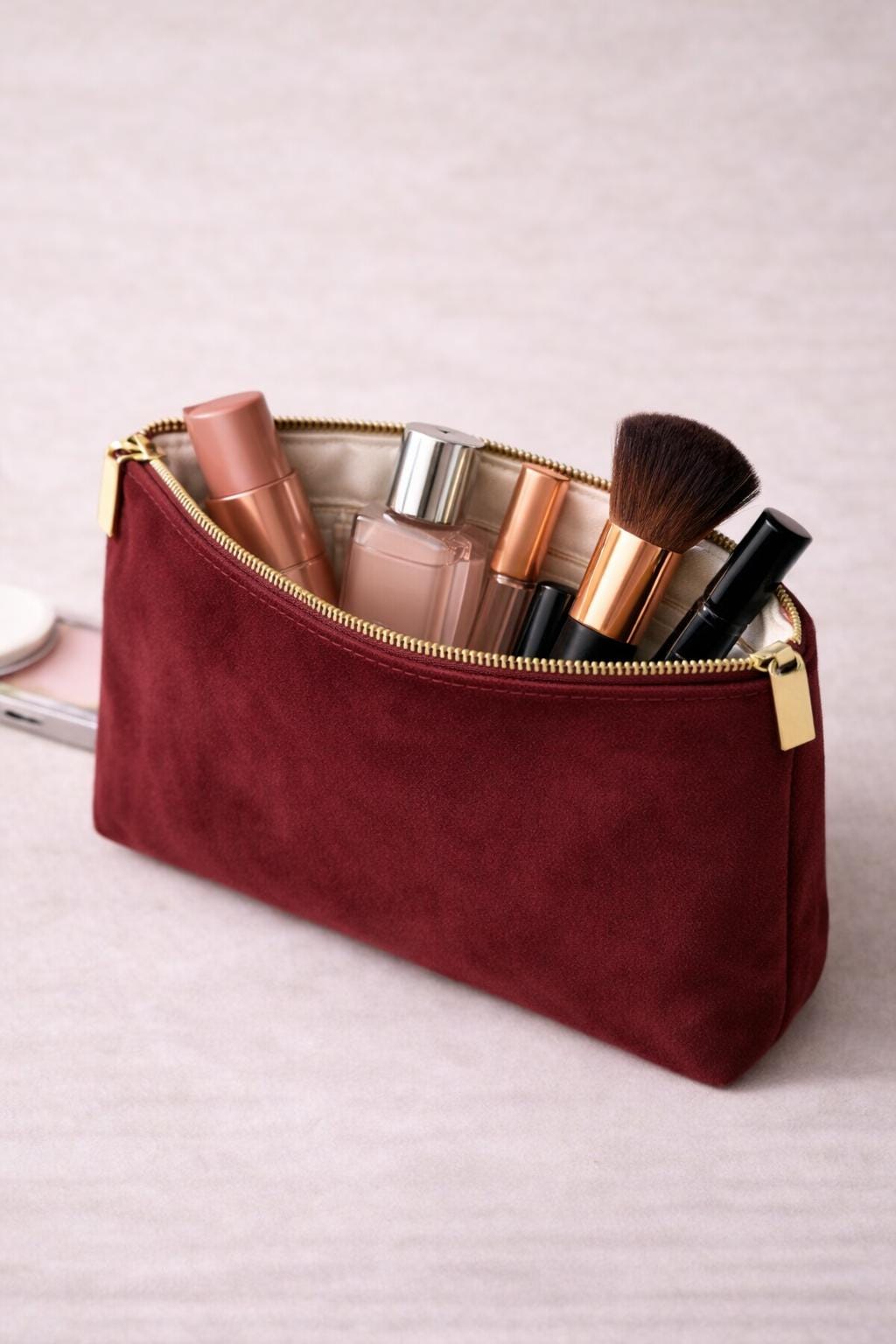 Velvet Cosmetic Pouch – Minimalist Travel Makeup Bag with Gold Zipper