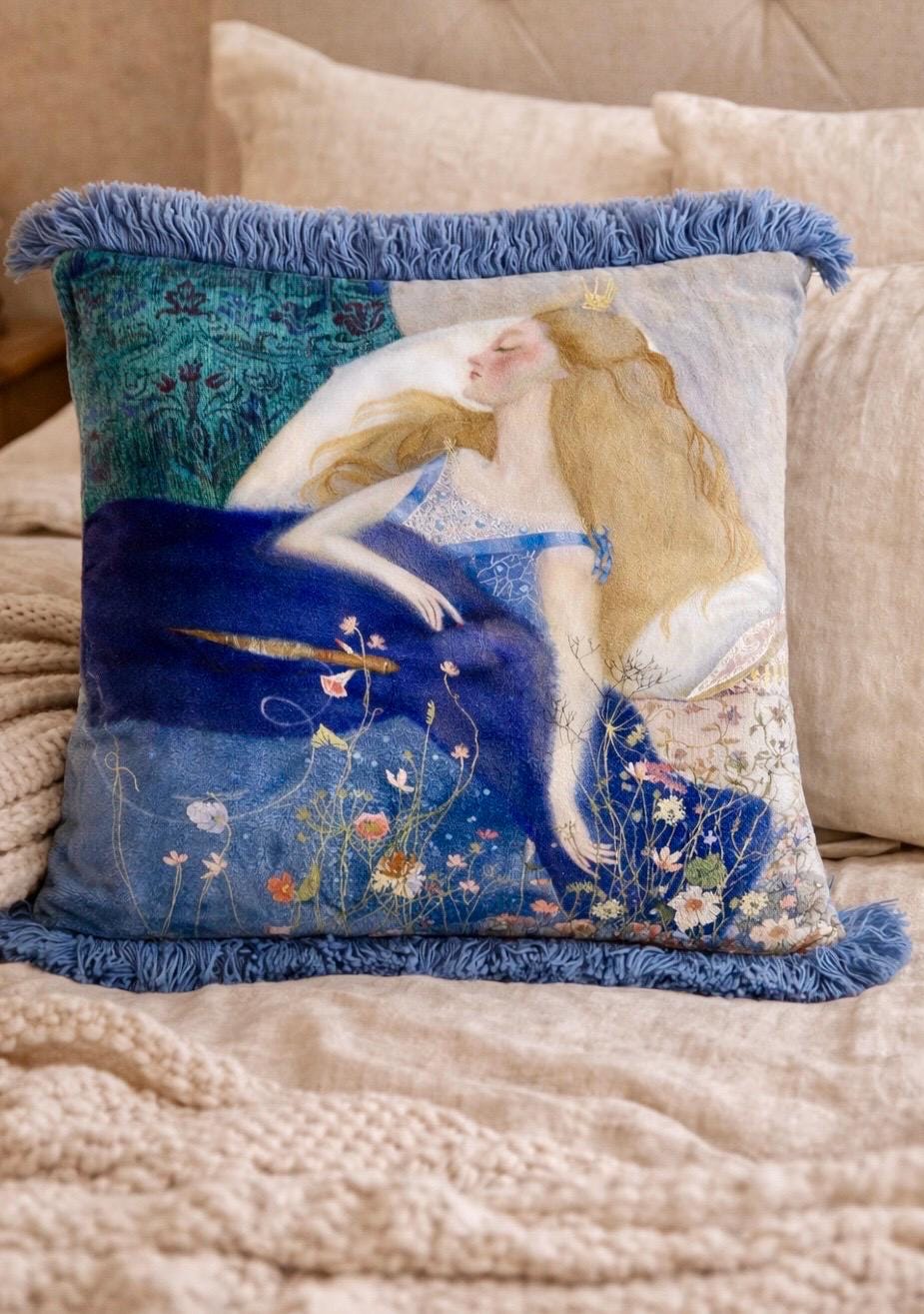 Sleeping Beauty Pillow – Blue Velvet Art Cushion – Fairytale Decor – Fringe Throw Pillow – 16x14 in