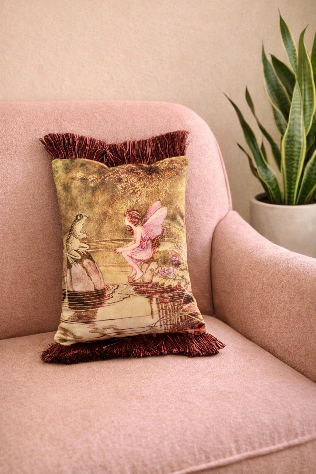 Fairy Tale Velvet Pillow Cover – Princess & Frog Throw Cushion | Storybook Decorative Pillow | Boho Eclectic Home Decor 14x16”