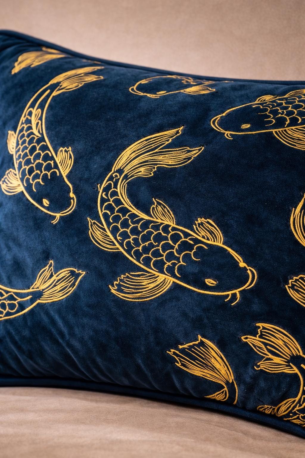 Petrol Blue Velvet Pillow Cover – Gold Koi Japanese Decor