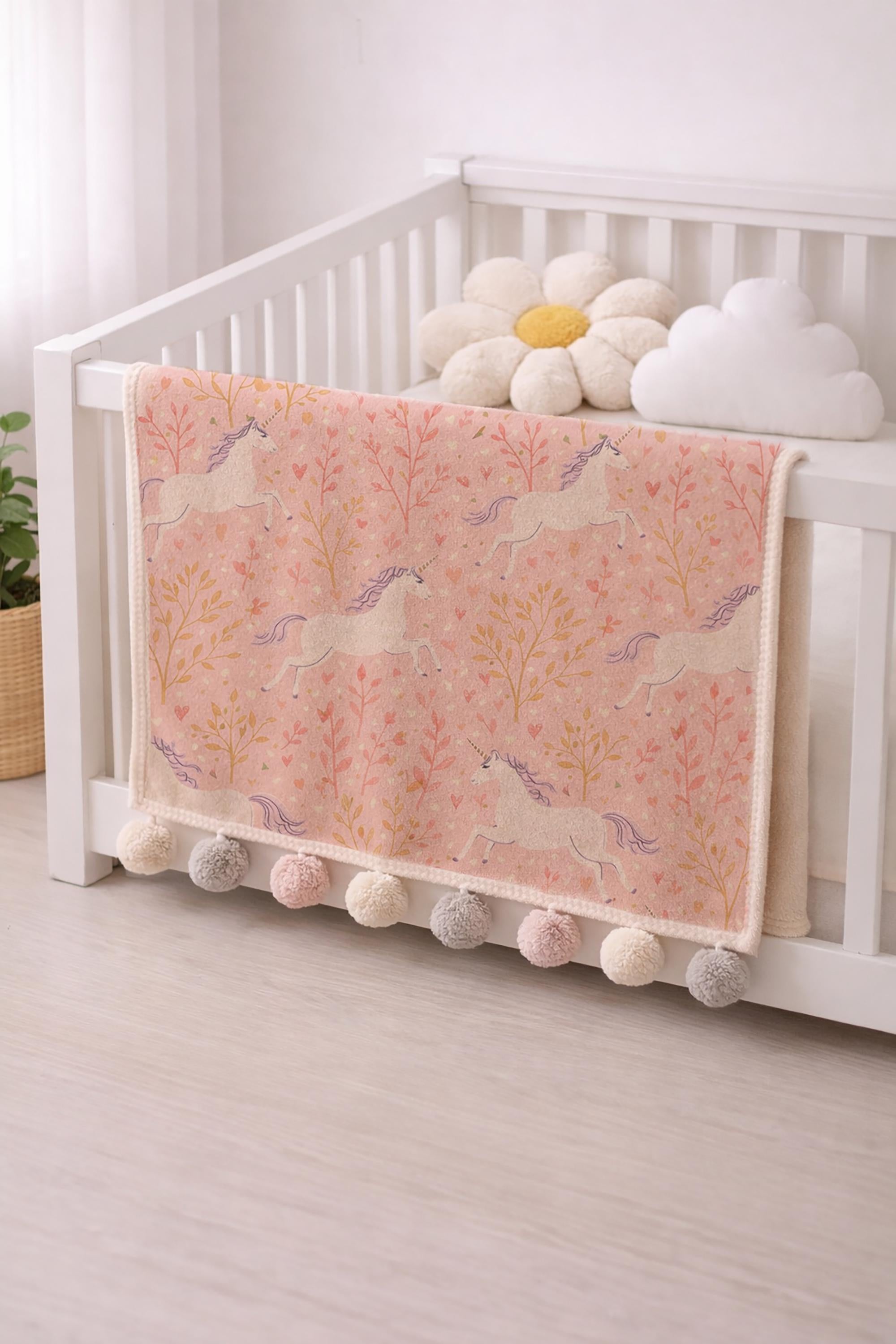 Pink Unicorn Baby Blanket – Minky Throw with Pom Pom Trim