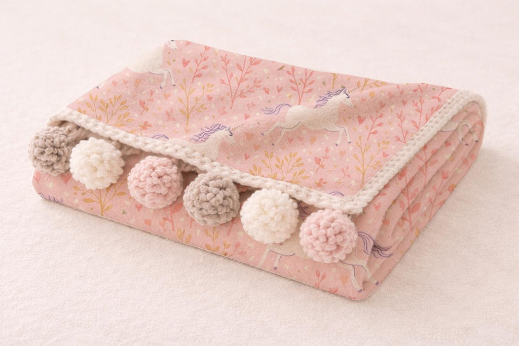 Pink Unicorn Baby Blanket – Minky Throw with Pom Pom Trim