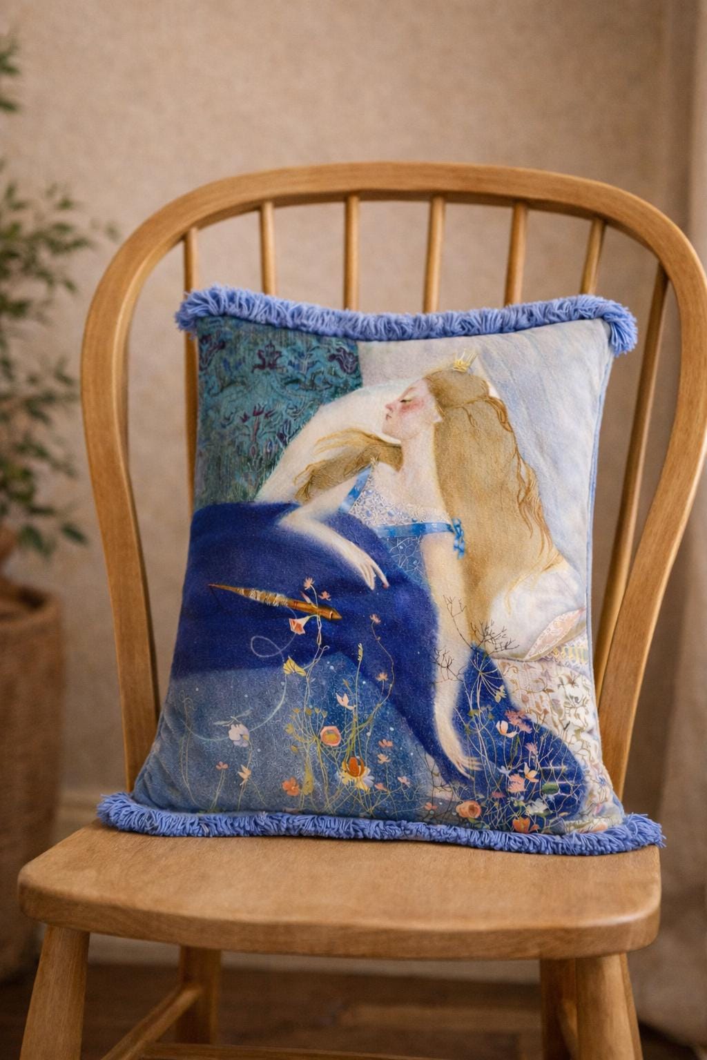 Sleeping Beauty Pillow – Blue Velvet Art Cushion – Fairytale Decor – Fringe Throw Pillow – 16x14 in