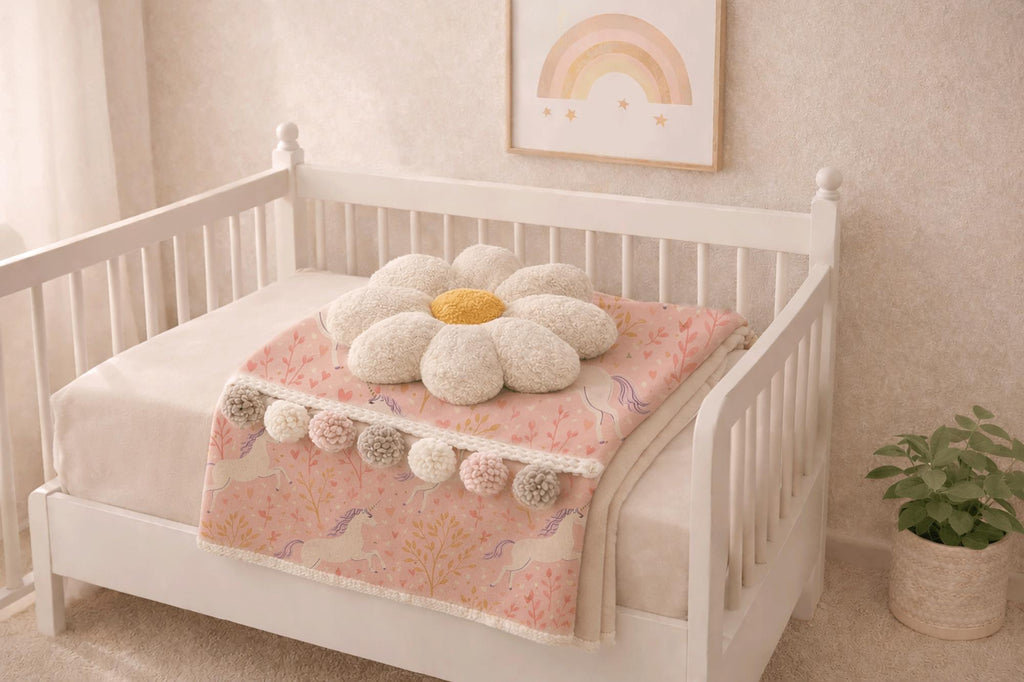 Unicorn Baby Blanket and Daisy Pillow Set, Plush Nursery Decor