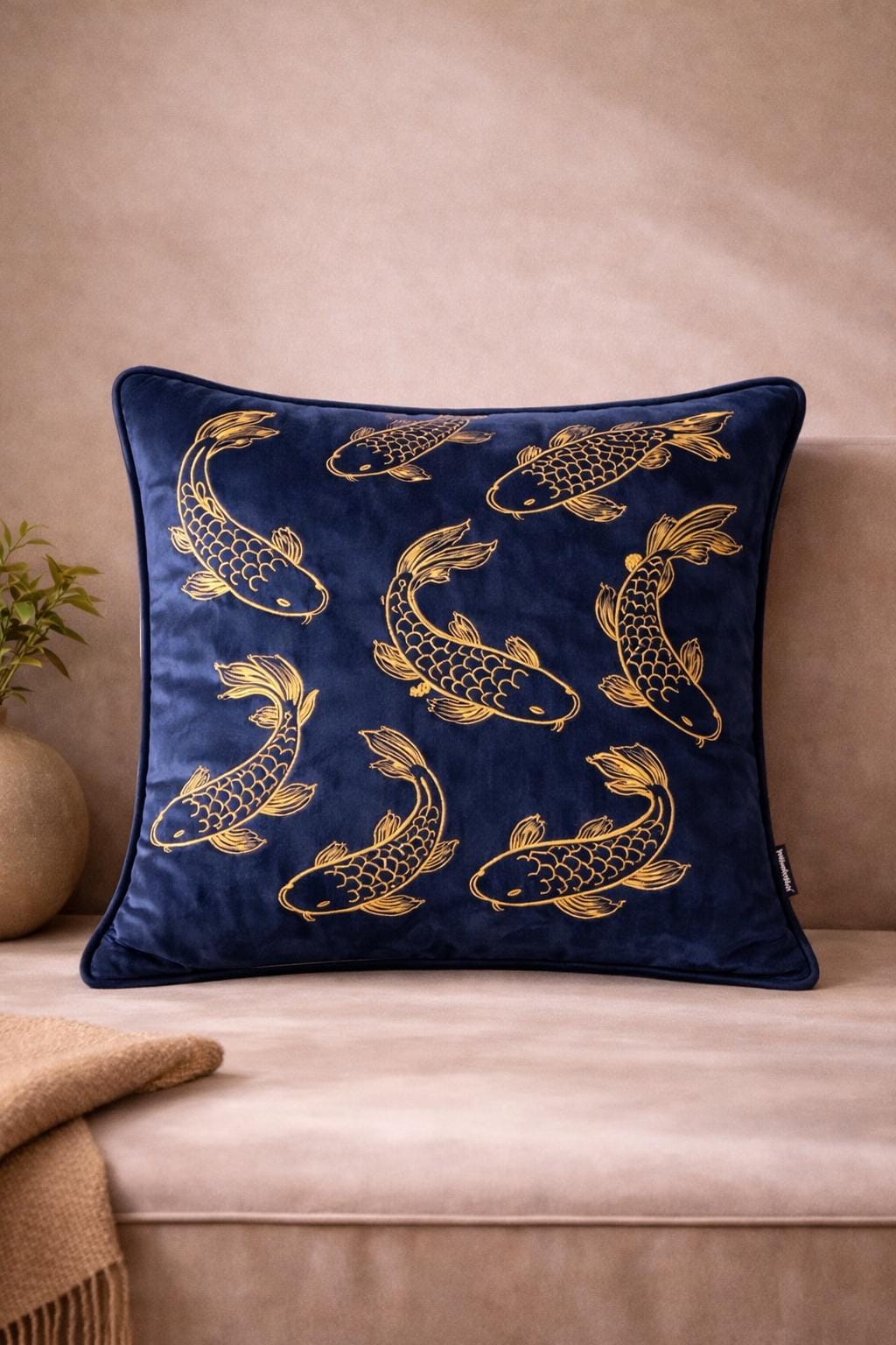 Navy Velvet Pillow Cover with Gold Koi – Luxury Cushion for Sofa or Bed