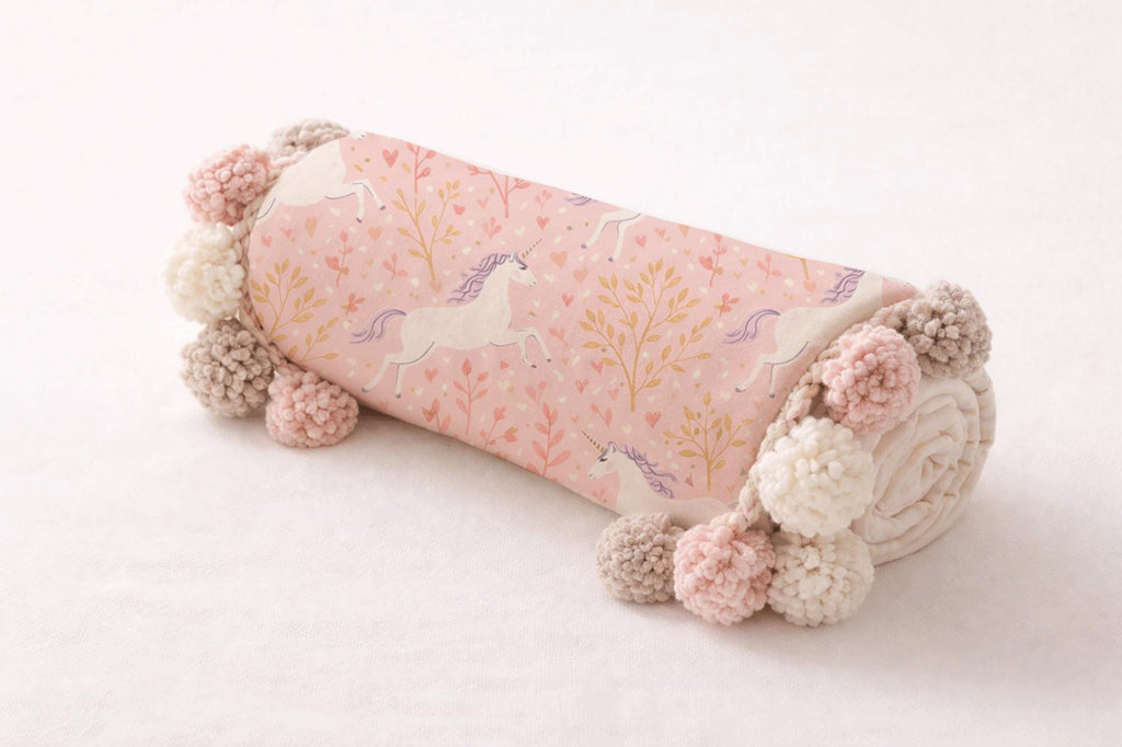 Pink Unicorn Baby Blanket – Minky Throw with Pom Pom Trim