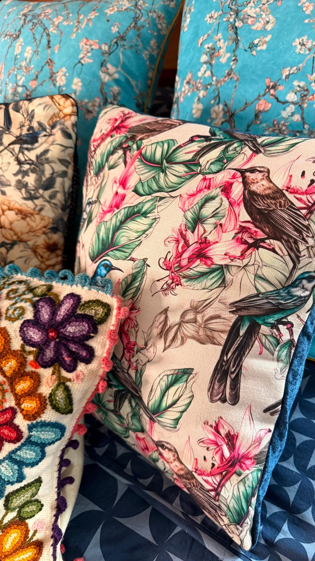 Songbirds Print Pillow: Jacquard Decorative Throw Pillow 16 by 16in