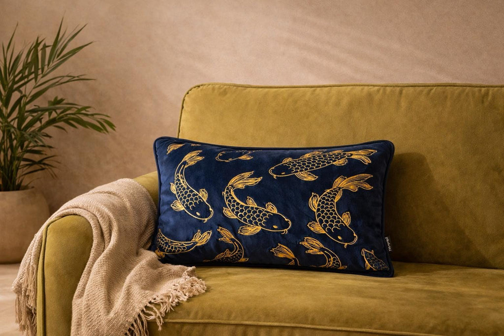 Navy Velvet Pillow Cover with Gold Koi – Luxury Cushion for Sofa or Bed
