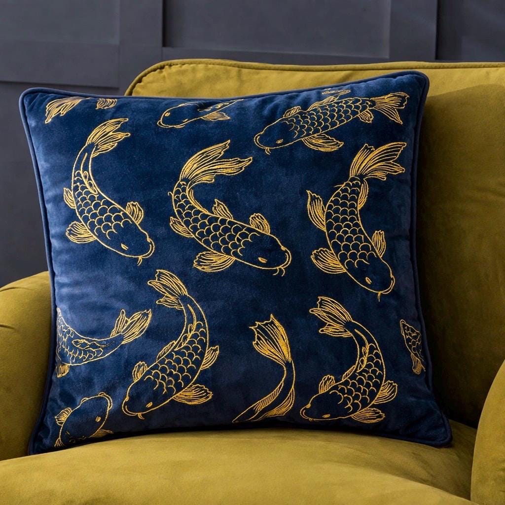 Navy Velvet Pillow Cover with Gold Koi – Luxury Cushion for Sofa or Bed
