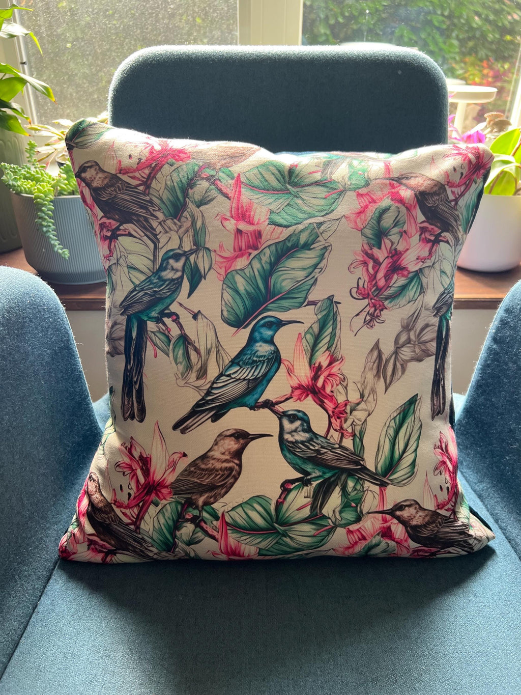 Songbirds Print Pillow: Jacquard Decorative Throw Pillow 16 by 16in
